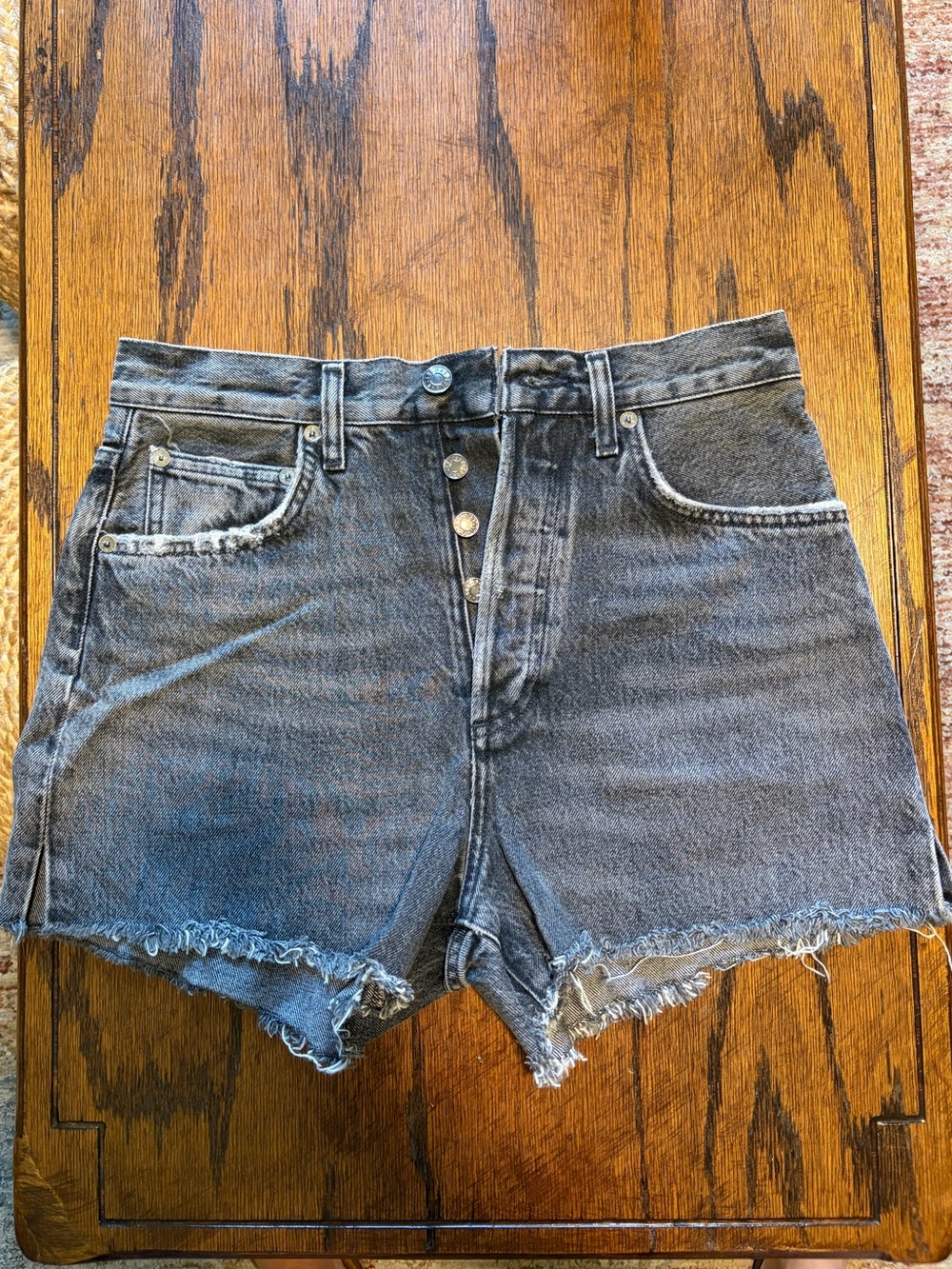 Agolde Black Button-Front Frayed Hem Denim Shorts